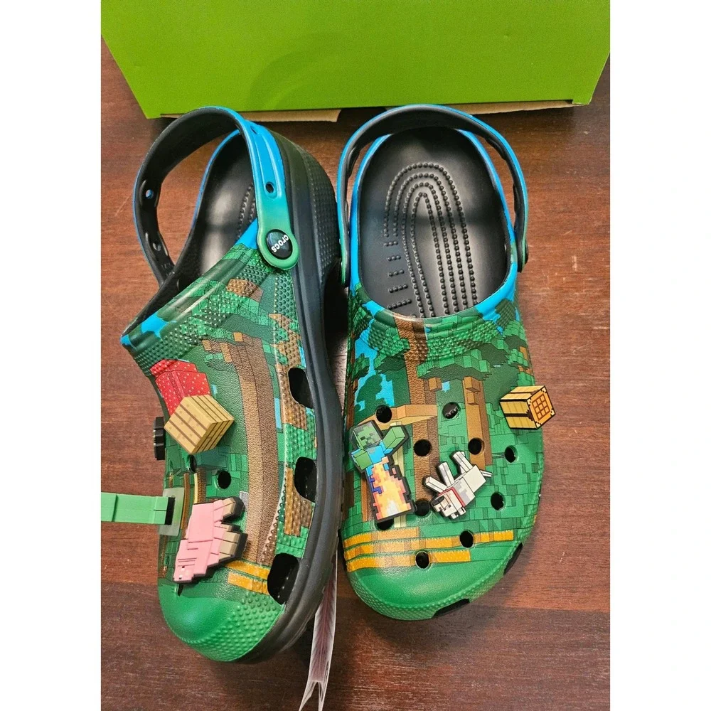 Crocs Minecraft Elevated Clog Mens Size 11 Green Light Up Jibbitz Charms New